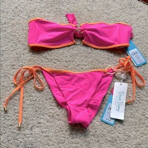 NWT Beach Bunny Pink and Orange Bikini Set with gold tone heart accents